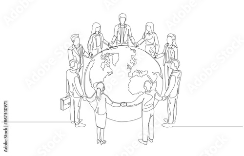 Continuous one line drawing of business people holding hands around earth globe, conducting global business with environmental awareness concept, single line art.
