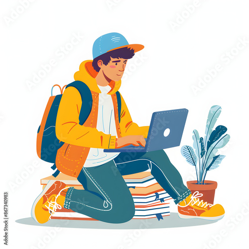 online education during coronavirus outbreak concept. boy studying with laptop and books. stay at home. self-isolation. illustration in flat style isolated on white background, photo, png photo