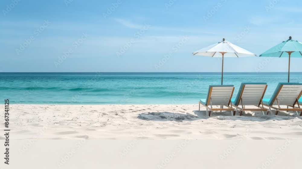 Relaxing beach scene featuring modern lounge chairs and bright umbrellas, white sand and turquoise water, ideal for a peaceful vacation day, picturesque and calm Relaxing beach scene featuring modern lounge chairs and bright umbrellas, white sand and turquoise water, ideal for a peaceful vacation day, picturesque and calm
