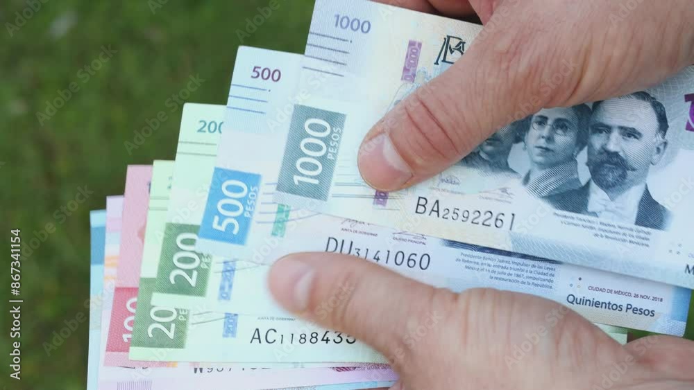 Man counts Mexican money.cash various banknotes, Mexico pesos