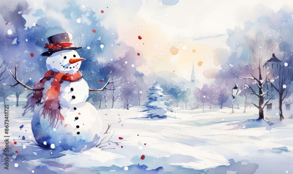 Obraz premium decorated snowman snowfield background flat design side view holiday cheer theme water color Splitcomplementary color scheme