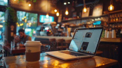 Freelancer working remotely on a laptop in a cafe with a digital coffee order interface
