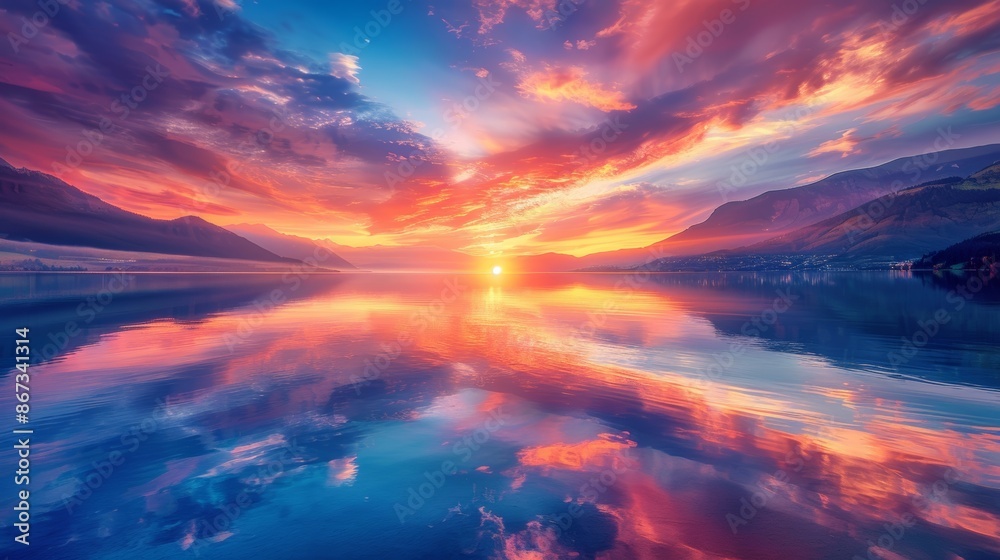 Fototapeta premium A mesmerizing sunset over a tranquil lake, with the sky painted in stunning hues of orange, pink, and purple, reflecting off the calm water surface.