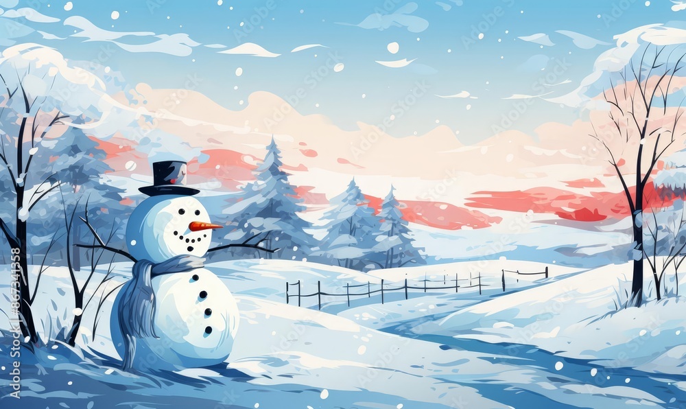 Obraz premium decorated snowman snowfield background flat design side view holiday cheer theme water color Splitcomplementary color scheme