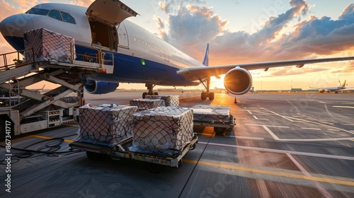 Airplane loaded with cargo at sunset for air freight