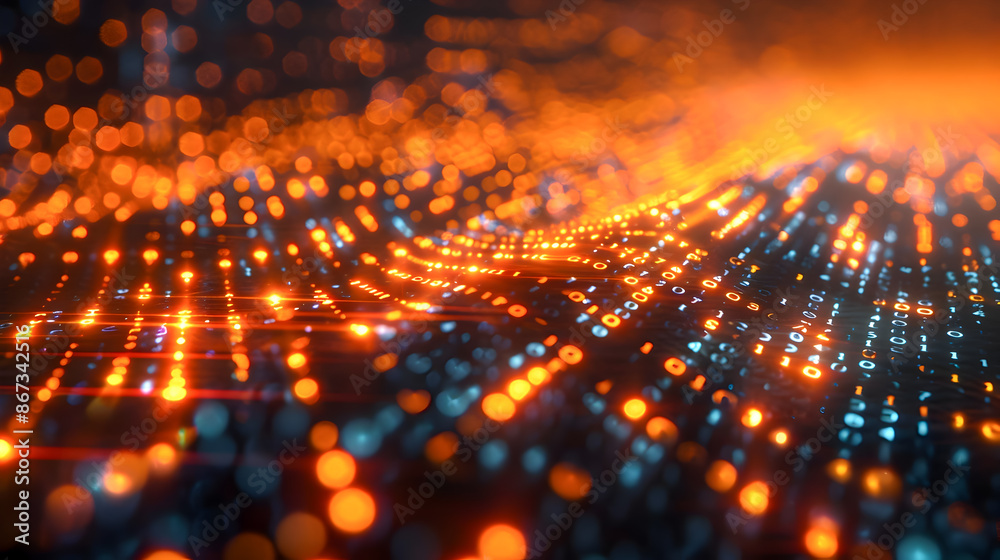 Obraz premium Striking Abstract Binary Code Design with Intersecting Luminous Turquoise and Amber Lines