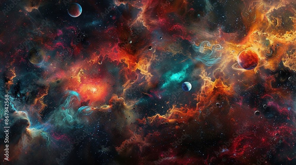 Galactic Odyssey - Abstract Space Scene with Planets and Nebulae Galactic Odyssey - Abstract Space Scene with Planets and Nebulae