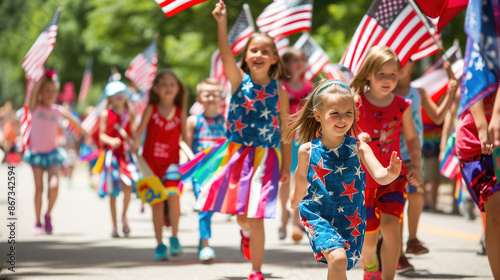 Colorful Diverse Children's Parade: Waving Young Patriots Marching with Pride
