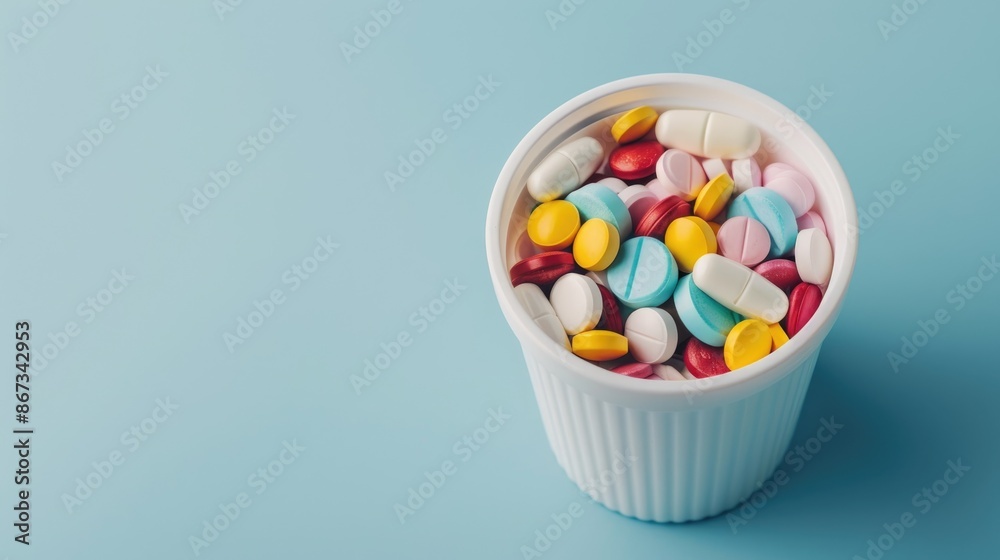 Colorful medication in white container on blue backdrop with space for text Colorful medication in white container on blue backdrop with space for text