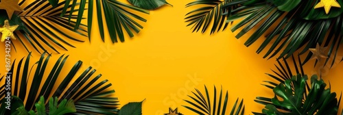 Horizontal banner. Celebrating Jamaican Independence Day. Yellow background with green palm leaves. Free space for text. copy space © iri.madrid.art