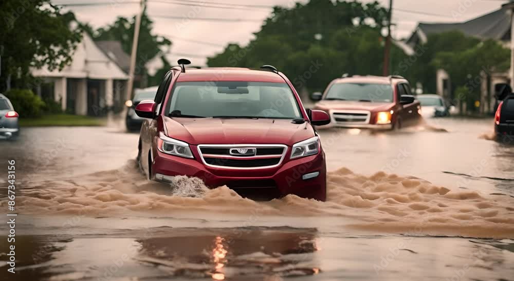 The car was submerged in floodwater. Flooded car on city street The car was submerged in floodwater. Flooded car on city street