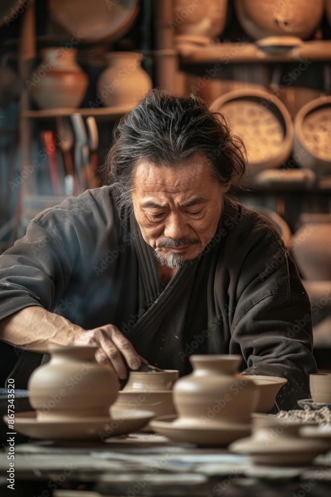 Portrait of a Japanese potter working on clay pieces, artisanal workshop, focused and creative, with pottery tools in view, warm ambient lighting Portrait of a Japanese potter working on clay pieces, artisanal workshop, focused and creative, with pottery tools in view, warm ambient lighting