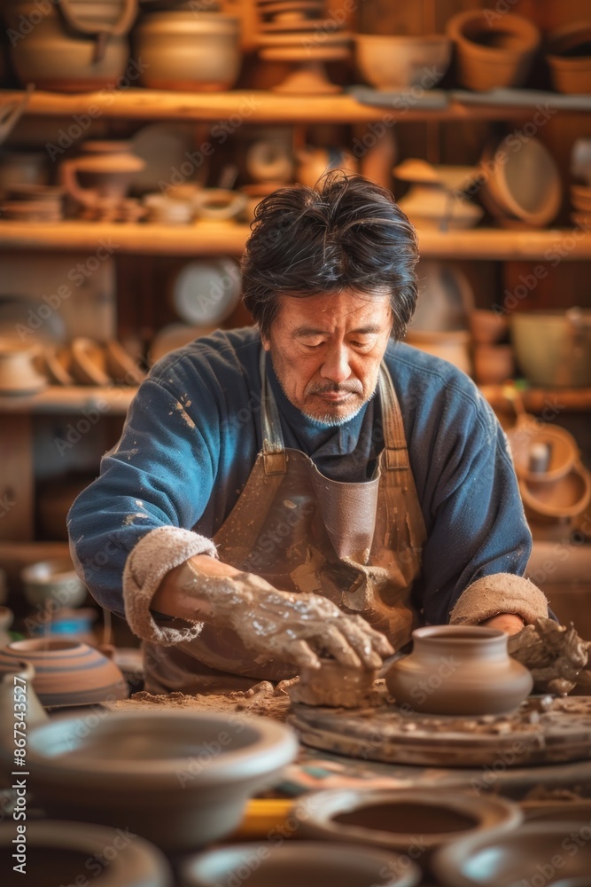 Portrait of a Japanese potter working on clay pieces, artisanal workshop, focused and creative, with pottery tools in view, warm ambient lighting Portrait of a Japanese potter working on clay pieces, artisanal workshop, focused and creative, with pottery tools in view, warm ambient lighting