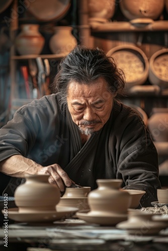 Portrait of a Japanese potter working on clay pieces, artisanal workshop, focused and creative, with pottery tools in view, warm ambient lighting