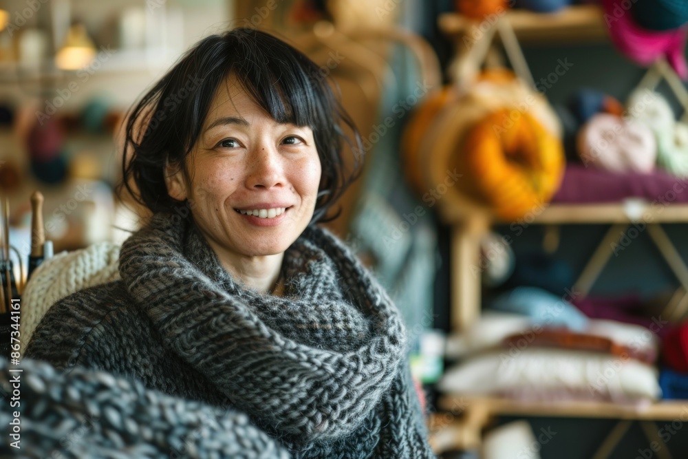 Japanese artisan knitting for an online store, detailed and cozy setting, focused and content, colorful yarn and knitting needles Japanese artisan knitting for an online store, detailed and cozy setting, focused and content, colorful yarn and knitting needles