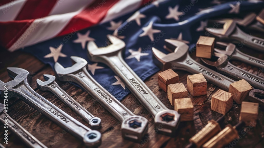 Fototapeta premium USA Labor day concept, First Monday in September. Different kinds on wrenches, handy tools, America flag and wooden blocks on wooden table.