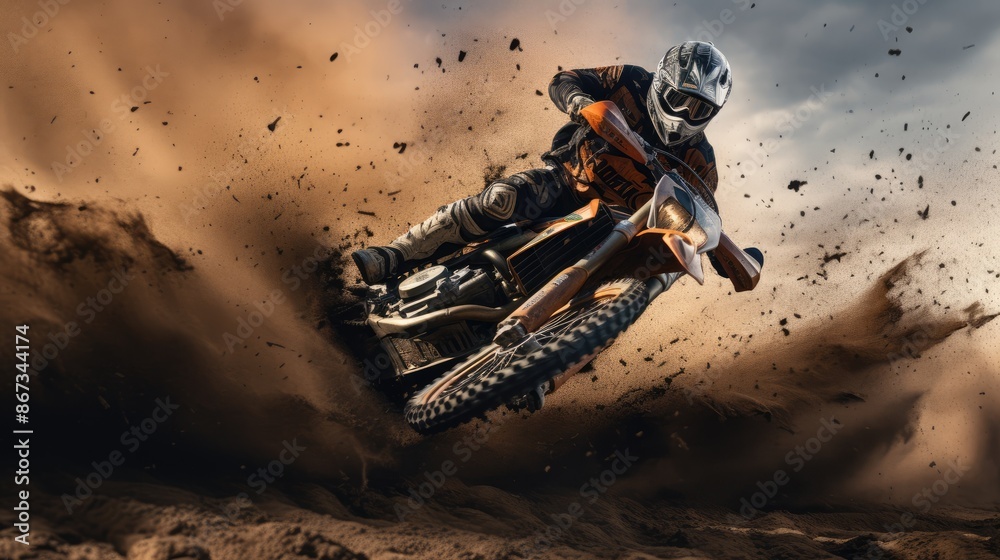 A motorcycle rider in fast motion riding of extreme sports competition. A motorcycle rider in fast motion riding of extreme sports competition.