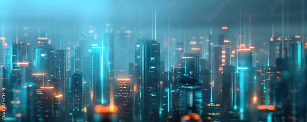 Digital cityscape, glowing skyscrapers, night view, high-tech ambiance Digital cityscape, glowing skyscrapers, night view, high-tech ambiance