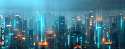 Digital cityscape, glowing skyscrapers, night view, high-tech ambiance