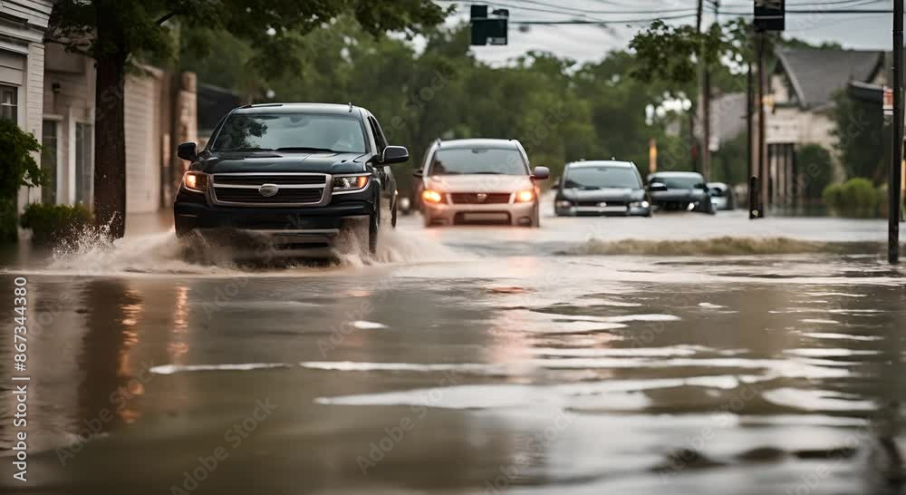 The car was submerged in floodwater. Flooded car on city street