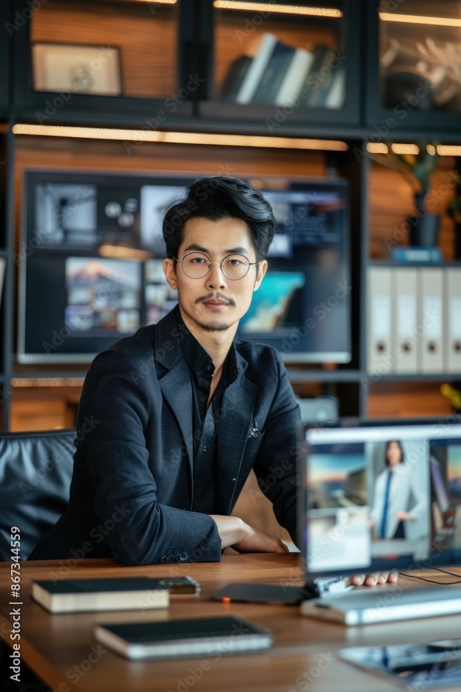 Portrait of a Japanese entrepreneur setting up a live stream for online sales, modern office, professional and engaging, with digital devices and product displays Portrait of a Japanese entrepreneur setting up a live stream for online sales, modern office, professional and engaging, with digital devices and product displays