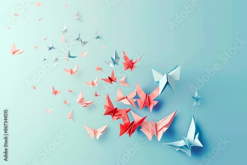 A group of origami birds flying in the air