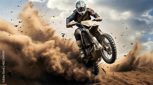 A motorcycle rider in fast motion riding of extreme sports competition.