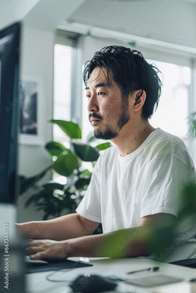 Fototapeta premium Portrait of a Japanese photographer editing images for an online gallery, bright studio, creative and meticulous, digital editing tools