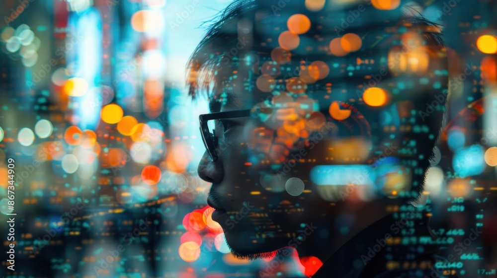 A business professional's profile overlaid with images of bustling stock exchanges and financial news, the double exposure effect emphasizing the continuous flow of information and the need for A business professional's profile overlaid with images of bustling stock exchanges and financial news, the double exposure effect emphasizing the continuous flow of information and the need for