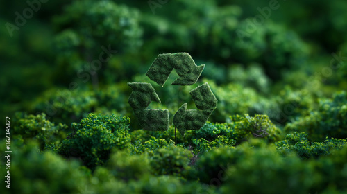 Eco friendly recyclation concept.  green recycle icon on fresh spring meadow with blue sky in background. photo