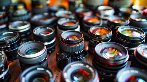 Many different camera lenses are arranged on a table. photo