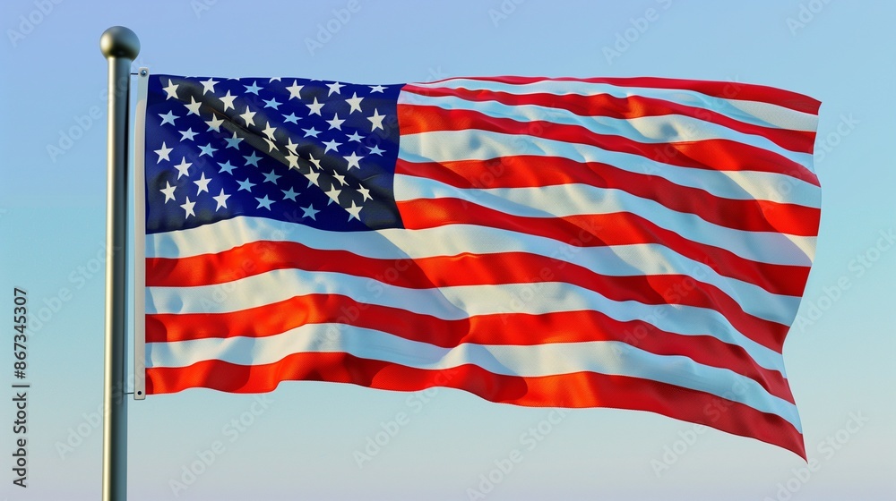 Fototapeta premium An artistic shot of the American flag, its fabric rippling in the breeze, set against an expanse of clear, blue sky.