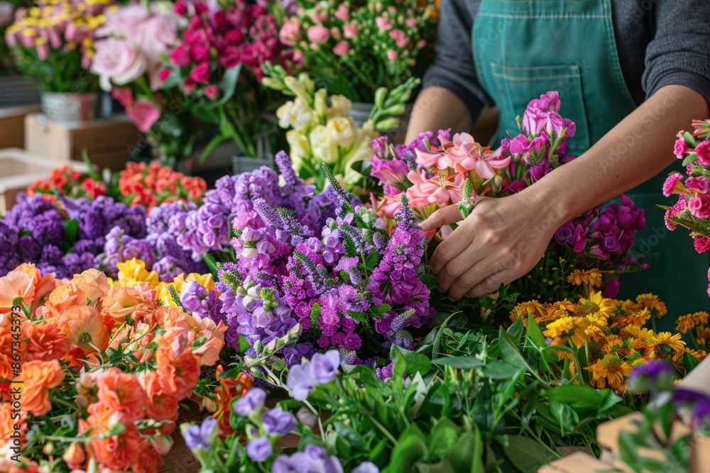 American florist arranging floral bouquets for online sales, vibrant colors, cheerful and creative, with flowers and tools in view American florist arranging floral bouquets for online sales, vibrant colors, cheerful and creative, with flowers and tools in view