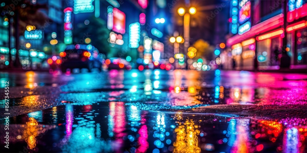 Fototapeta premium Neon City Lights Reflection Blur: A blurred background of wet asphalt reflecting the neon lights of a cityscape, evoking a sense of nightlife. 