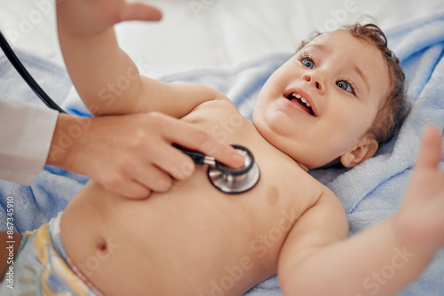 Fotografía Hands, stethoscope and happy baby in clinic for healthcare, wellness and check heart