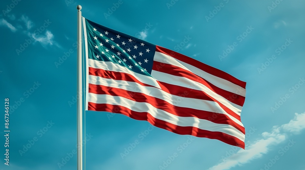 The American flag captured in mid-flutter, creating a sense of motion and pride against a vibrant blue sky. The American flag captured in mid-flutter, creating a sense of motion and pride against a vibrant blue sky.