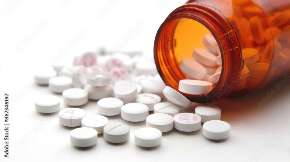 Pills spilled from bottle on white background Pills spilled from bottle on white background
