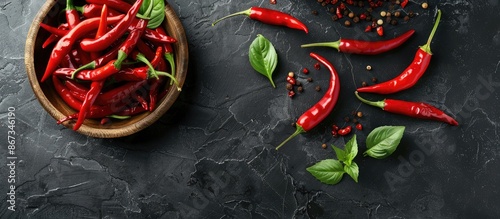 Red hot peppers displayed in a wooden bowl on a dark stone table with chili peppers, small spice, and green leaves against a black background from above with space for text.