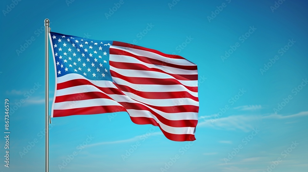 Fototapeta premium The American flag flapping gracefully in the breeze, with a stunning blue sky providing a simple yet powerful background.