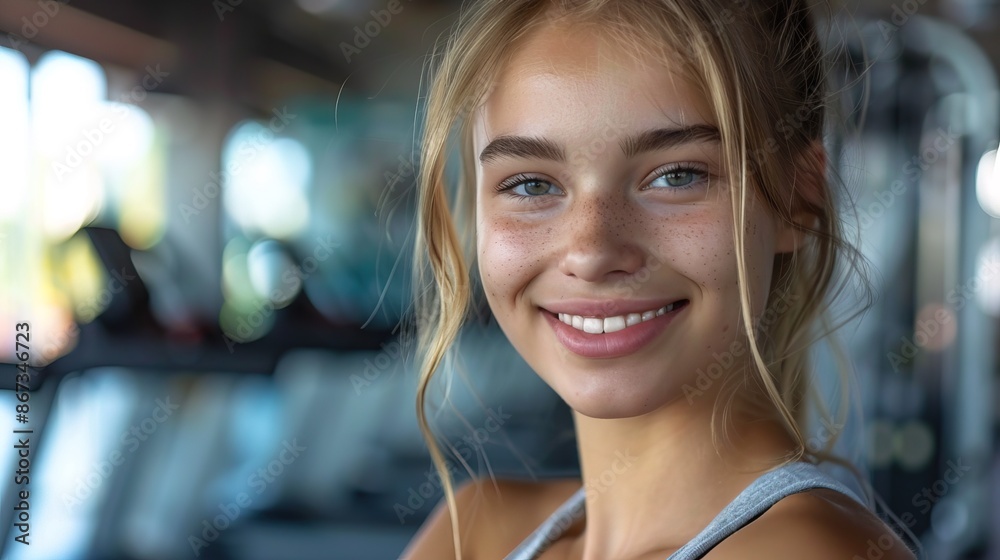 Portrait of smiling russian woman exercising in fitness studio at the gym Portrait of smiling russian woman exercising in fitness studio at the gym