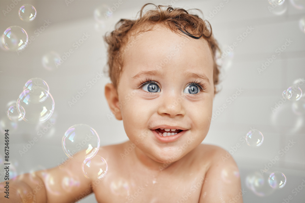 Bubbles, baby and cute in bathroom for bath, cleaning and hygiene with night time routine for growth or development. Toddler, home and washing in bathtub for skin care, happiness and wellness. Bubbles, baby and cute in bathroom for bath, cleaning and hygiene with night time routine for growth or development. Toddler, home and washing in bathtub for skin care, happiness and wellness.
