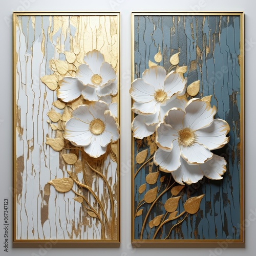 Fototapeta Naklejka Na Ścianę i Meble -  Gold and White Floral Paintings