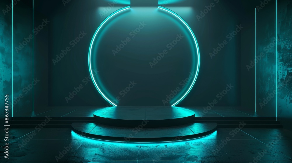 Sci-fi empty room with semi circle neon lighting and shining pedestal podium. Futuristic wall scene vector rendering for product display presentation. Sci-fi empty room with semi circle neon lighting and shining pedestal podium. Futuristic wall scene vector rendering for product display presentation.