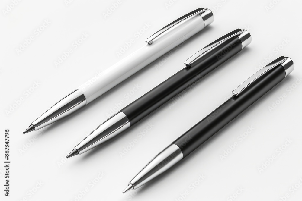 Pen Template. White Metal Ballpoint Pens with Blank Space for Logo. Office Business Design Pen Template. White Metal Ballpoint Pens with Blank Space for Logo. Office Business Design