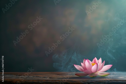 A pink lotus flower on a wooden table with smoke. photo