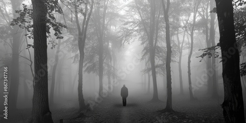 Man in Forest: Lone Silhouette of an Adult Man Walking Alone in Misty Grey Forest photo