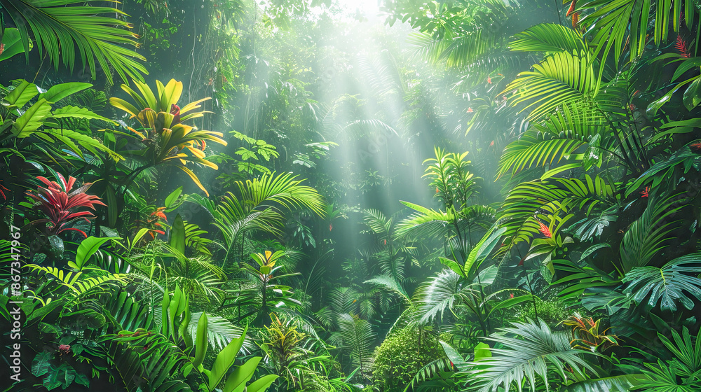 Sunlight streaming through the dense foliage of a vibrant jungle teeming with life