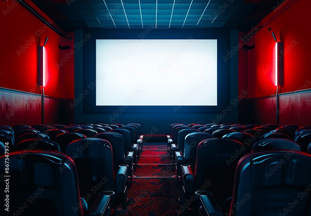 Fototapeta premium A movie theater with red seats and a screen.