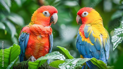 Colorful parrots in tropical rainforest habitat