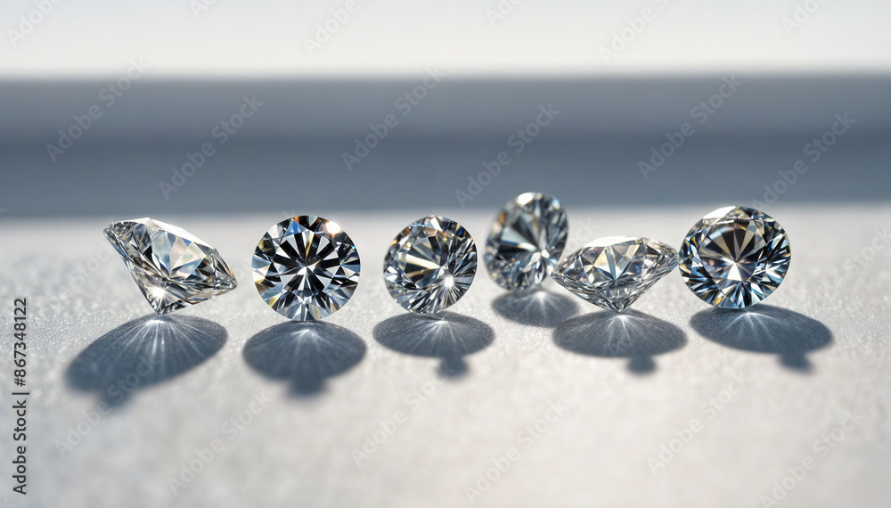 A close-up image of six round cut diamonds on a white surface with their shadows cast in the sunlight A close-up image of six round cut diamonds on a white surface with their shadows cast in the sunlight